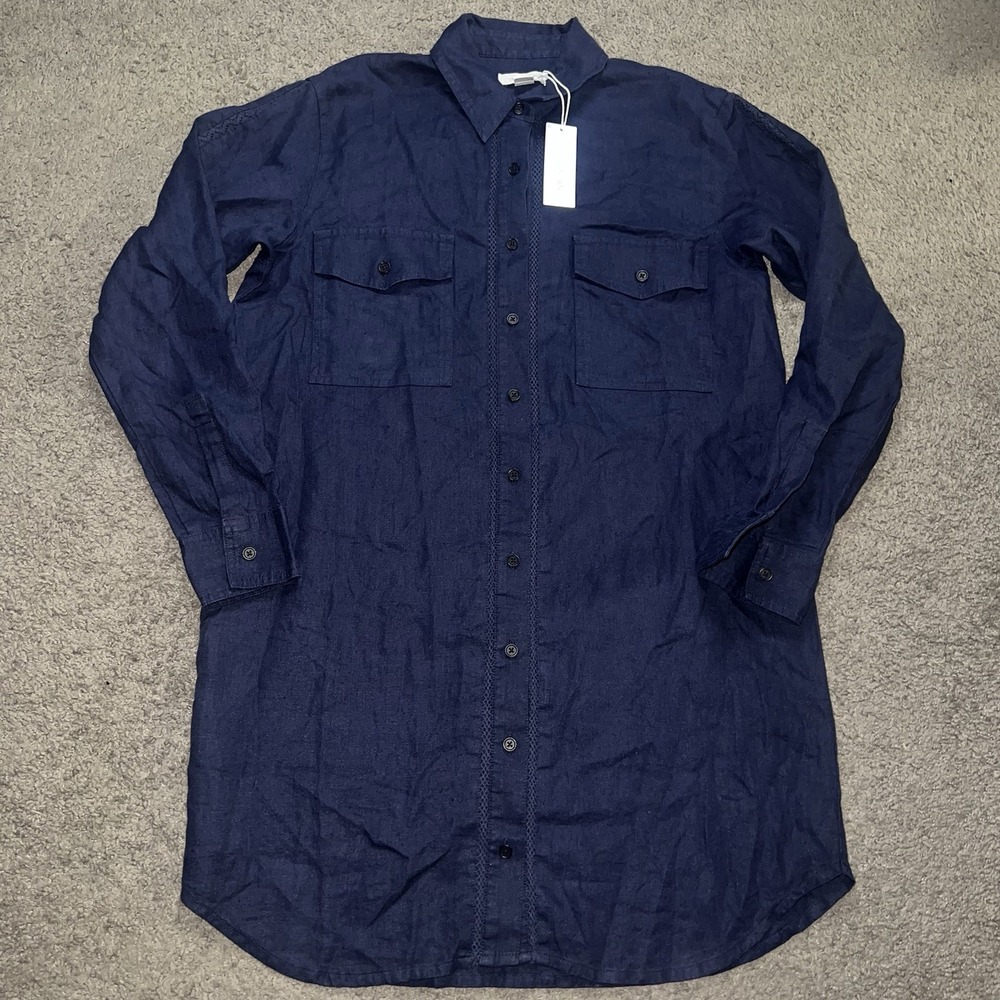 NWT Outerknown Navy Blue Lace Trim Shirt Dress Linen Organic Cotton Size S $248